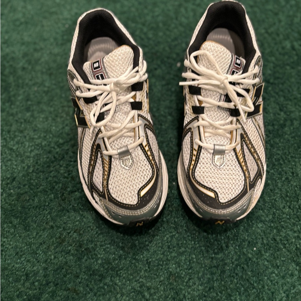 New Balance White and Black Sneakers with Tan Accents